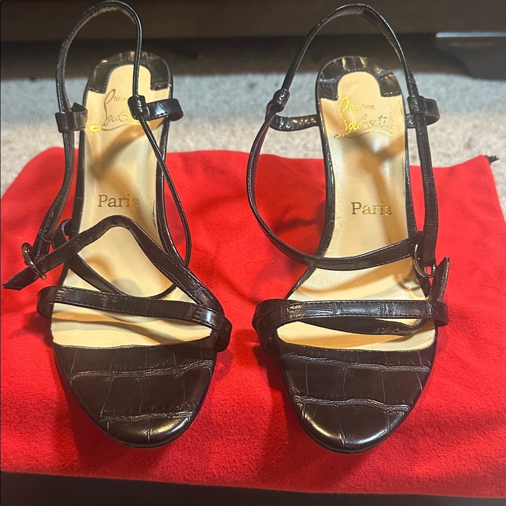 Black Croc-Embossed Strappy Heels